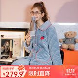 芬腾 睡衣女冬季夹棉三层加厚绒新款长袖开衫家居服套装 雨水蓝 XL