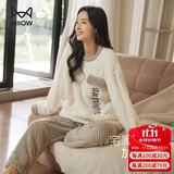 猫人女士睡衣女秋冬抑菌蓬松珊瑚绒款圆领刺绣长袖厚款家居服可外穿