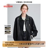 VEGA CHANG【精英衣橱】黑色皮衣女2025春秋宽松显瘦机车风pu皮短外套 松绿黑 L