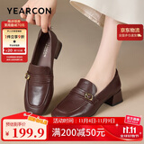 意尔康女鞋中粗跟方头乐福鞋复古英伦风通勤单鞋女 13380W深棕 37