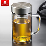 富光 双层玻璃杯男女士大容量办公杯带把手带滤网泡茶杯 隔热防烫水杯 380ml钢本色