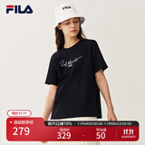 FILA 斐乐女装官方女士短袖T恤夏季休闲运动内搭t恤运动上衣 正黑色-BK M （165/84A/M）
