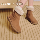 天美意【双11】雪地靴加绒防风小牛皮时尚百搭女鞋毛绒保暖复古女靴
