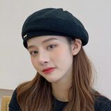 娆蝶 纯色针织贝雷帽女2023秋冬百搭南瓜帽毛线帽户外保暖简约画家帽 休闲金属标针织贝雷帽 黑色 M(56-58cm)可调节