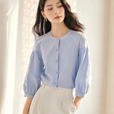 熙世界白色天丝衬衫女2025秋季新款独特别致绣花七分袖衬衣女装上衣 蓝紫色 L