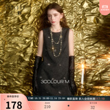 三彩2025冬季新款香风背心裙圆领无袖连衣裙蝴蝶结刺绣短裙叠搭M 经典黑 XL 170/92A