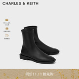CHARLES&KEITH复古方头拉链低跟时装靴短靴踝靴子女靴生日礼物CK1-90900090 Black黑色 36