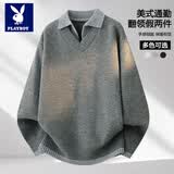 花花公子（PLAYBOY）2026春秋季新款老钱风假两件重磅翻领毛衣男针织衫上衣服男装外套 深灰色 （官方正品） XL （适合115-135斤）