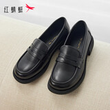 红蜻蜓秋冬乐福鞋女士牛皮小皮鞋复古休闲女鞋一脚蹬女鞋WTB43660黑色38