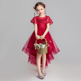 小咔衣浓小女孩公主裙女童花童婚礼蓬蓬纱儿童晚礼服主持人钢琴演出服大童 酒红色前短后长 140