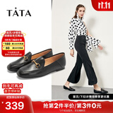 他她（TATA）方头乐福鞋女休闲平底一脚蹬小皮鞋女单鞋春秋款FLC22AM4 黑色 38