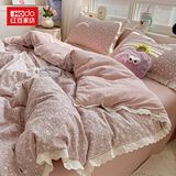 红豆云感木棉邹邹纱双层纱全棉花边公主风床上四件套可机洗不易变形 邹邹双层纱-山野栀子 四件套1.8 床单款 (被套200*230cm)