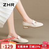 ZHR单鞋女英伦风舒适方头乐福鞋女两穿粗跟透气皮鞋女 K196 米色 38