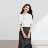 伯德小姐白色蝴蝶结衬衫女设计感系带短袖上衣气质通勤职业白领衬衣