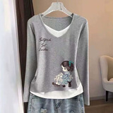 珞达达纯棉假两件V领宽松显瘦长袖t恤女春秋季女装新款大码上衣打底衫 浅灰色板凳女孩 M 建议85-100斤