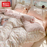 红豆云感木棉邹邹纱双层纱全棉花边公主风床上四件套可机洗不易变形 邹邹双层纱-春风里 四件套1.8 床单款 (被套200*230cm)
