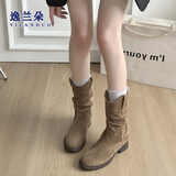 逸兰朵复古马丁靴女款2025冬季新款百搭西部牛仔靴厚底增高切尔西瘦瘦靴 卡其色 单层 37 (235mm) 标准码 【脚胖脚宽拍大一码】