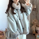 俞兆林（YUZHAOLIN）麂皮绒皮草外套女短款2025新款韩版宽松机车服加厚皮毛一体上衣 灰蓝色不含包 XL 125-140斤