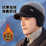 途尊冬季男士加绒加厚防寒保暖毛线帽骑行防风防护针织帽子防寒套头帽 YUAN带檐耳机帽【灰色】防寒保暖