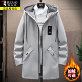 啄木鸟风衣男士装外套中长款秋冬季休闲百搭连帽工装大衣宽松大码上衣服 灰色 XL