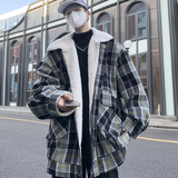 宾迪肯（BINDIKEN）夹克外套男春秋羊羔毛棉服加绒加厚秋冬季小香风宽松格子棉衣潮牌 M166黑色（羊羔毛加厚） XL （145-160斤）