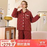 芬腾 睡衣女冬季夹棉三层加厚绒新款长袖开衫家居服套装 枫叶红 L