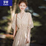 罗蒙（ROMON）女装立体绣花连衣裙女2026夏季新款蝴蝶结薄款套头灯笼袖雪纺裙子 米色连衣裙 XL