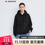S.DEER圣迪奥女装卫衣百搭抽绳连帽加绒宽松通勤百搭时尚外套S21462205 黑色/91 M/165