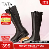 他她（TATA）厚底长筒靴女靴英伦加绒保暖骑士靴高筒靴秋冬新WXK02DG3 黑色（绒里） 35