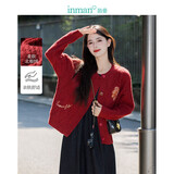 茵曼马年骐骥红北极绒开衫毛衣女秋时尚绣花新年针织外套复古红S