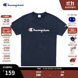 Champion夏季经典款印花草写LOGO圆领休闲运动T恤无性别冠军短袖男女情侣 藏青色(偏薄） M
