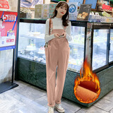 爱兰婷秋冬保暖纯棉灯芯绒孕妇背带裤加绒加厚宽松大码吊带裤毛衣两套装 粉色（加绒） 单件背带裤 M建议90-115斤