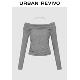 UR2026春季新款女装休闲格雷系挂脖褶皱长袖T恤UWJ450173 冷灰 S