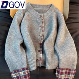 DGOV假两件韩系圆领拼接格子毛衣女2026春季新款针织外套宽松休闲开衫 灰色 L 建议105-115斤