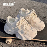 靖话潮牌老爹鞋女2025秋冬季新款小个子增高6cm休闲鞋百搭厚底运动鞋 米白色 37 (235mm)