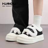 环球加绒魔术贴板鞋女2026冬季羊羔毛棉鞋保暖休闲厚底面包鞋 黑色【魔术贴】 36