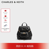 CHARLES&KEITH菱格大容量柔软多用背包书包双肩包包女包生日礼物CK2-60151400 Black黑色 S