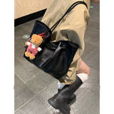 心楠2026新款黑色皮质包包高级感大容量托特包女时尚单肩包手拎通勤包 黑色复古绑带托特包【无挂件】