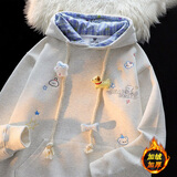 灿图美式刺绣连帽卫衣女秋冬季宽松慵懒风加绒加厚外套设计感休闲上衣 灰色 【加绒款】 L