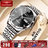 冠琴（GUANQIN）男士手表瑞士品质耐磨防水夜光全自动机械表双日历手表男机械表 全自动机械款-银壳黑面
