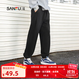 三福2025秋季新款休闲裤男抽绳运动风束脚裤针织卫裤宽松长裤裤子 黑色 L 175/82A