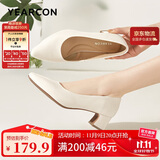 意尔康女鞋粗跟时装鞋浅口套脚高跟鞋工作女单鞋春秋 26905W米白35