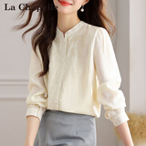 拉夏贝尔（La Chapelle）长袖衬衫女装2025春秋季新款韩版宽松显瘦气质衬衣打底小衫雪纺 米白色 XL