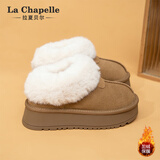 拉夏贝尔女鞋雪地靴女冬季保暖短靴女加绒厚底棉鞋女 卡其色 36 