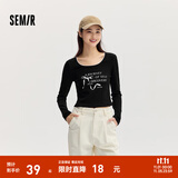 森马（Semir）【甜心女高】长袖t恤女短款紧身蕾丝花边上衣24新款甜美印花外穿 黑色90001 S
