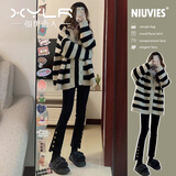 相伊恋人中长款针织开衫女25年春秋新款宽松条纹外套小个子外穿慵懒风毛衣 黑杏条纹【软糯面料】 均码 【适合80-140斤】