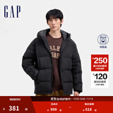 盖璞男装徽章logo抽绳立领连帽羽绒服纯色外套677652 黑色 3XL (185/108A) 亚洲尺码