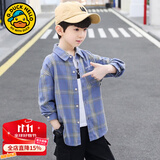 G.DUCKKIDS童装男童衬衫春秋款儿童衬衣长袖棉2023新款中大童格子休闲外套 蓝色 150 (建议身高140cm 12-13岁)cm