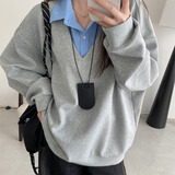 麓格立拼接假两件衬衫卫衣女 2025年新款灰色韩系宽松慵懒风polo领上衣 灰拼蓝M【90-105斤】