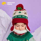 柠檬宝宝儿童宝宝帽子围巾两件套男童女童秋冬护耳 红色 大码3-12岁